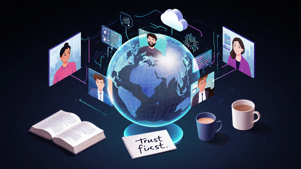 Remote research team on video call with holographic data and contributor map floating around them.