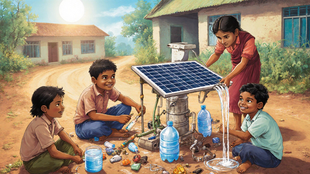 Rural students building a solar-powered water pump from recycled bicycle parts and plastic bottles.