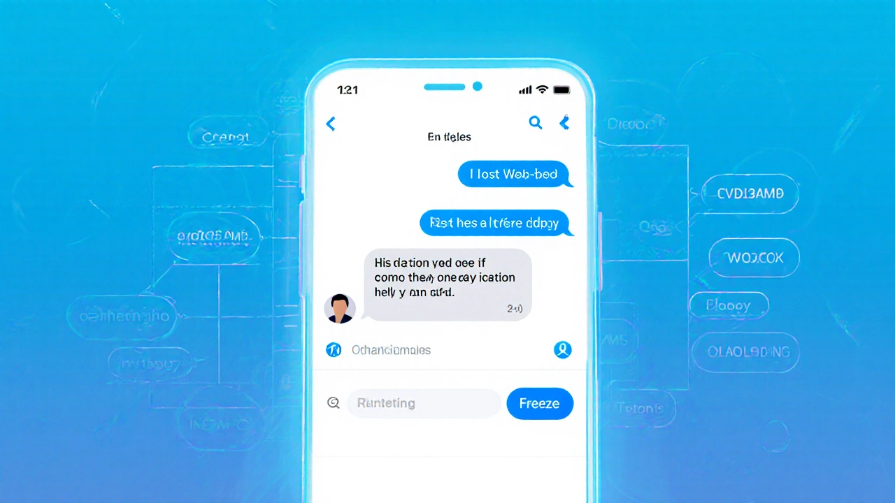 Smartphone chatbot responding to a lost card query with a freeze option.