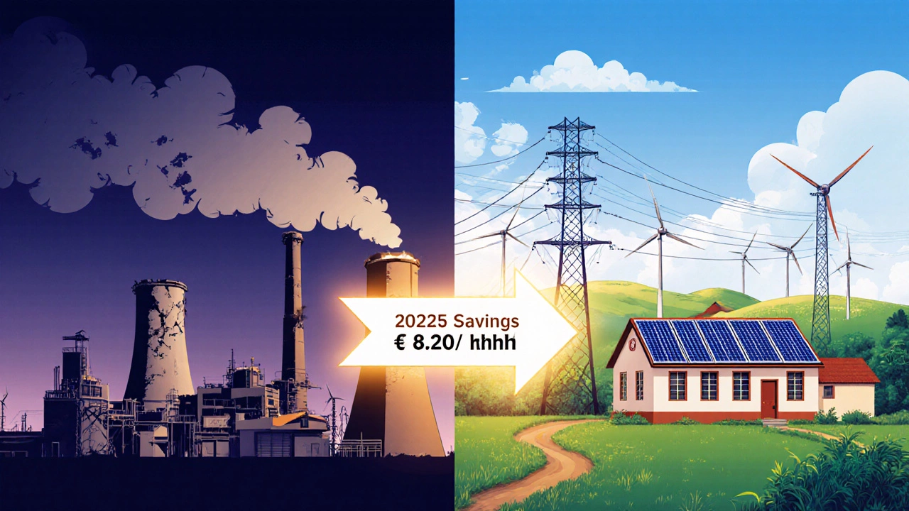 Split image: dirty coal plant vs clean solar-wind village, showing cost difference in energy production.