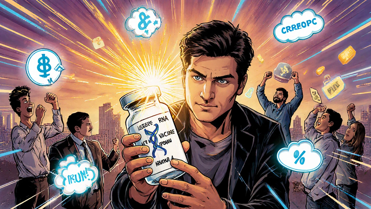 Startup founder holding an mRNA vaccine with icons of CRISPR, AI, and stock options in a dynamic scene.