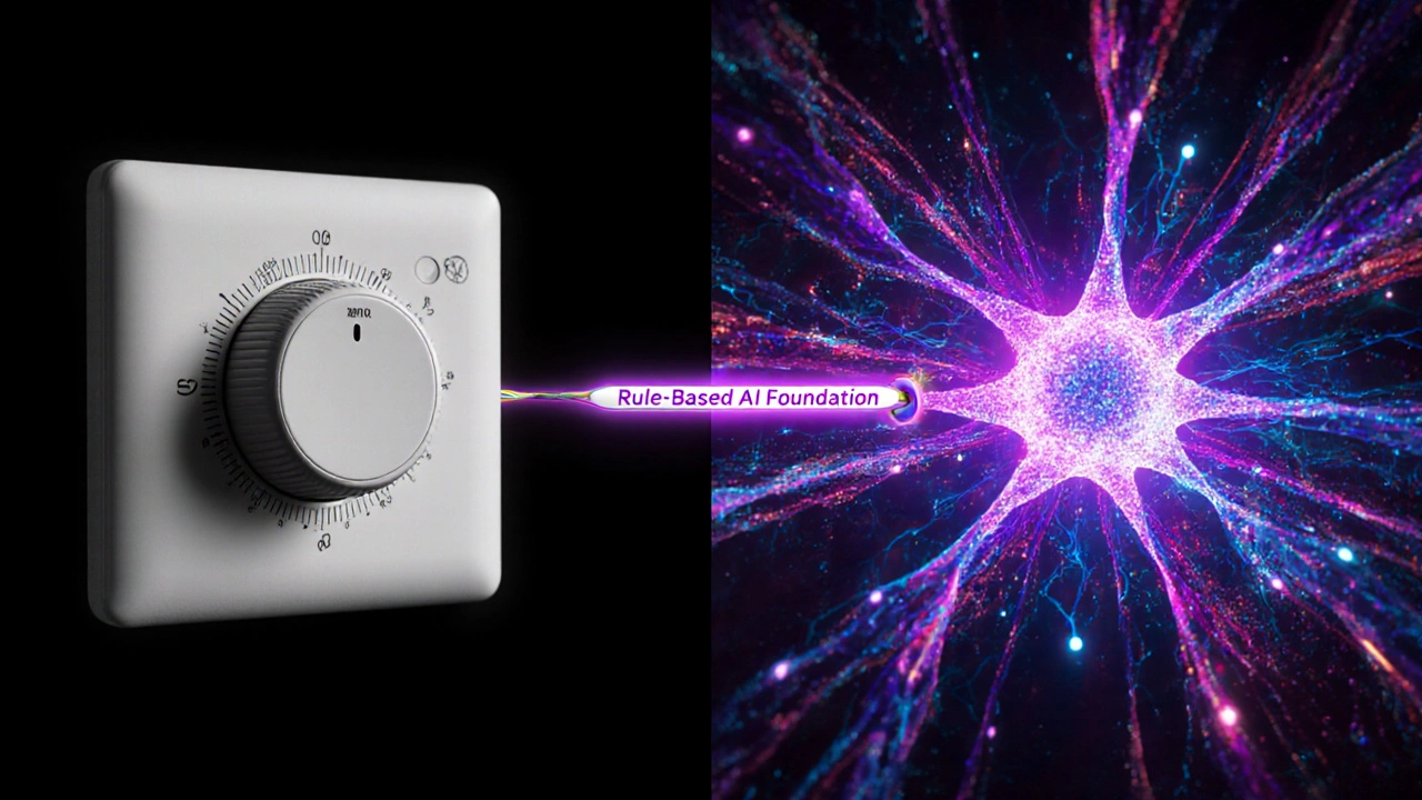 Thermostat connected to a neural network, symbolizing rule-based AI as the foundation.