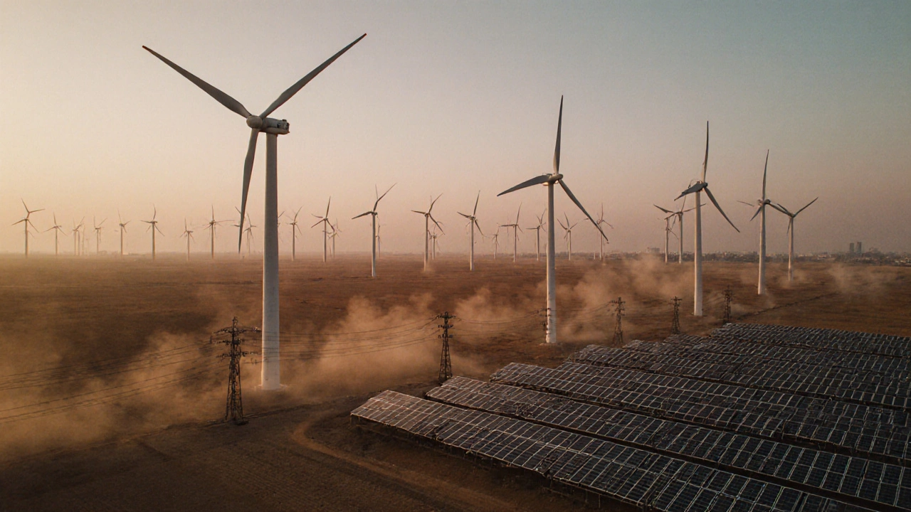 Vast wind farms spinning across Rajasthan desert at sunrise with solar panels and transmission lines.