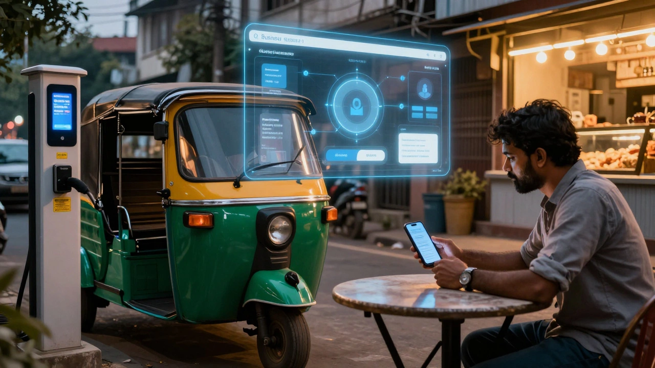 A small electric rickshaw charging beside a bakery taking online orders via smartphone at dusk.