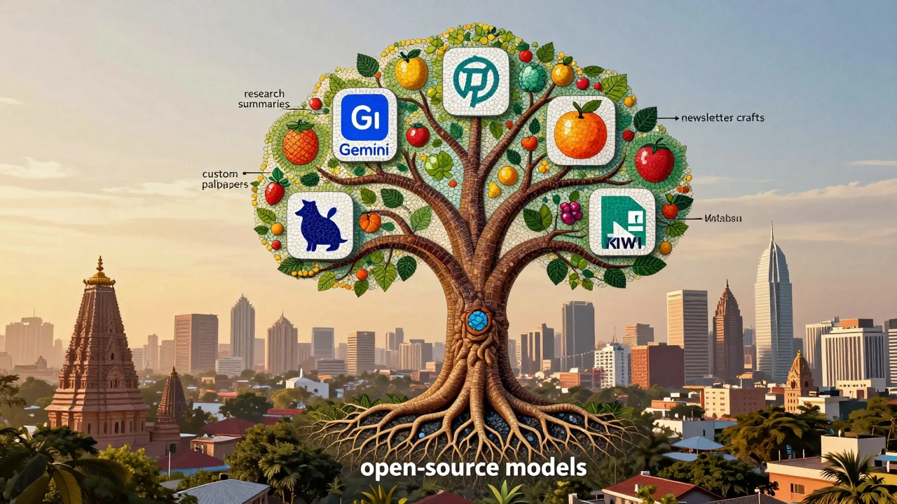 AI tools forming a tree with digital fruits representing free AI applications in an Indian cityscape.