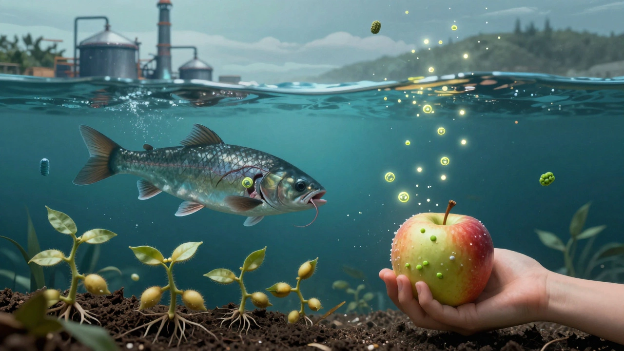 Contaminated river and crops with nanoparticles spreading through food chain.