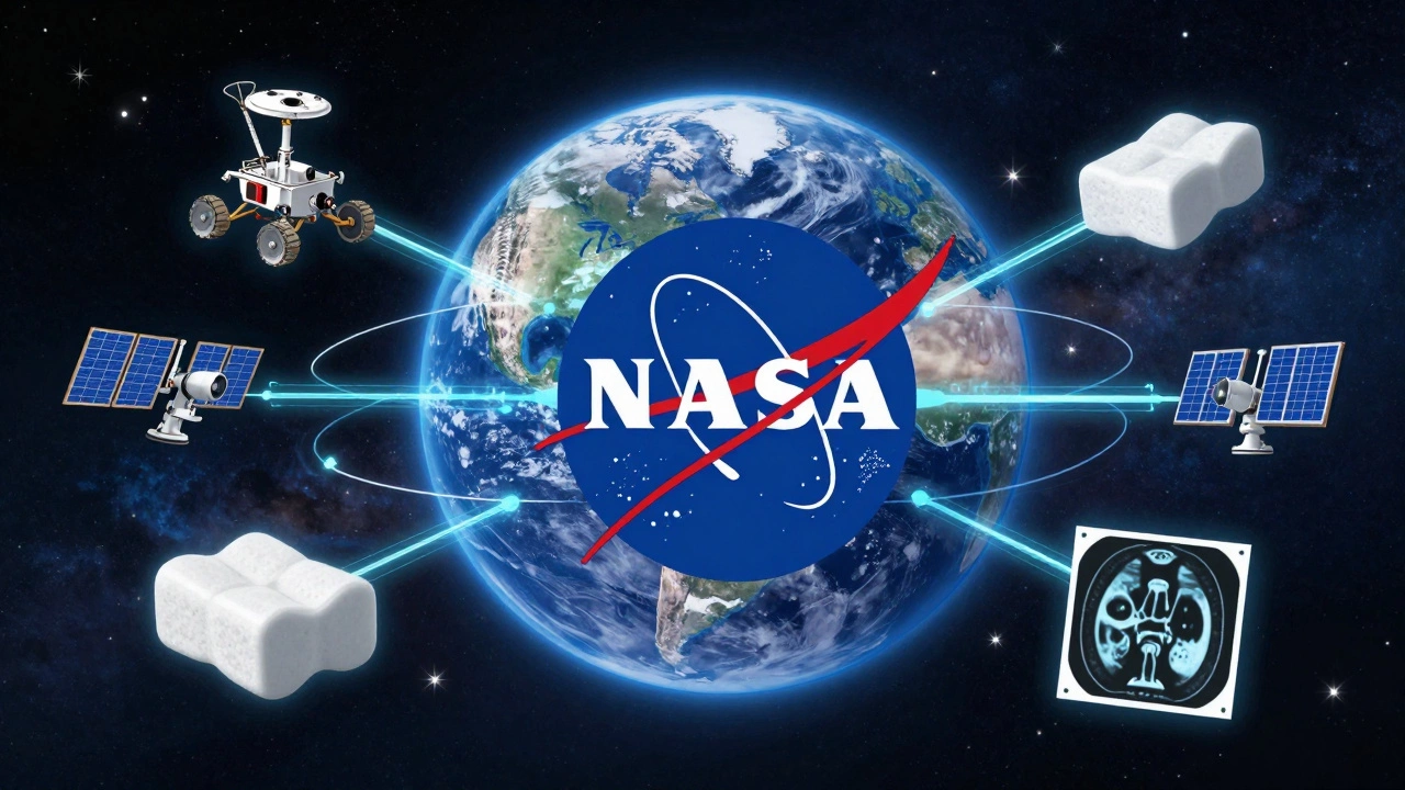 Earth from space surrounded by symbols of NASA's technologies and scientific contributions.