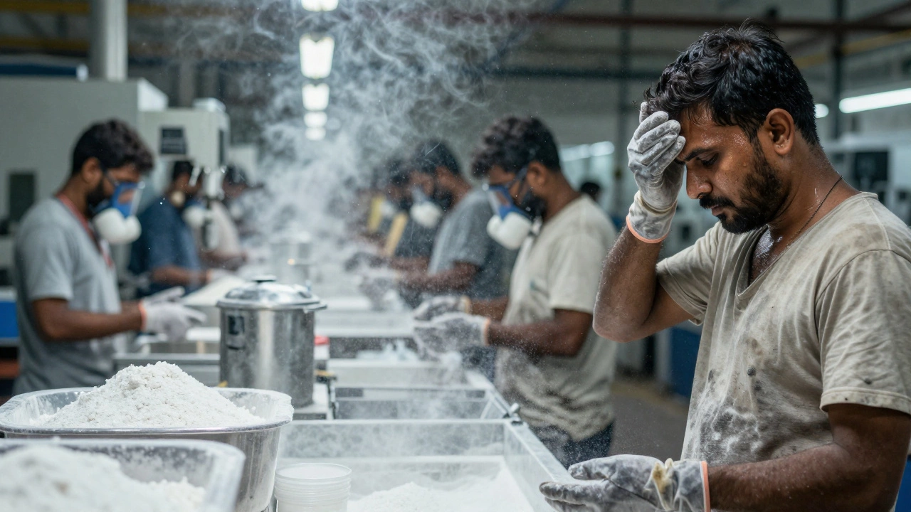 Factory workers in India handling nanomaterials without protective gear.