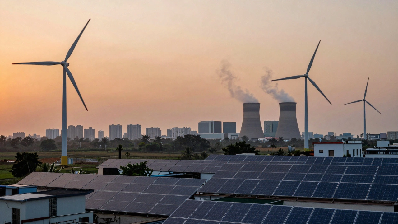 Modern Indian city with wind turbines and solar panels at sunset, while a faded wood stove fades into the background.