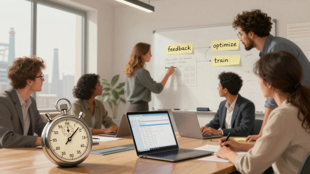 Modern team meeting with vintage stopwatch and digital metrics on laptop, blending Taylor’s principles with collaborative work culture.