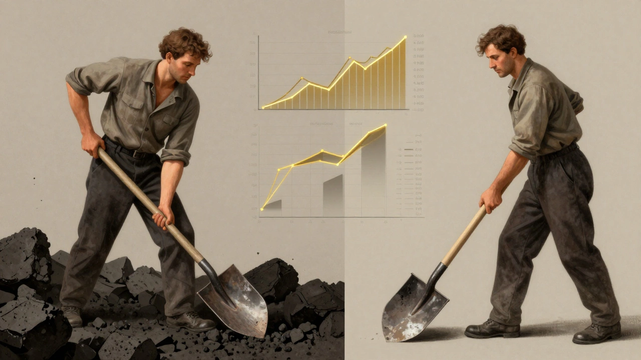 Split image showing inefficient vs optimized shoveling with data diagrams floating above, symbolizing scientific workflow improvement.