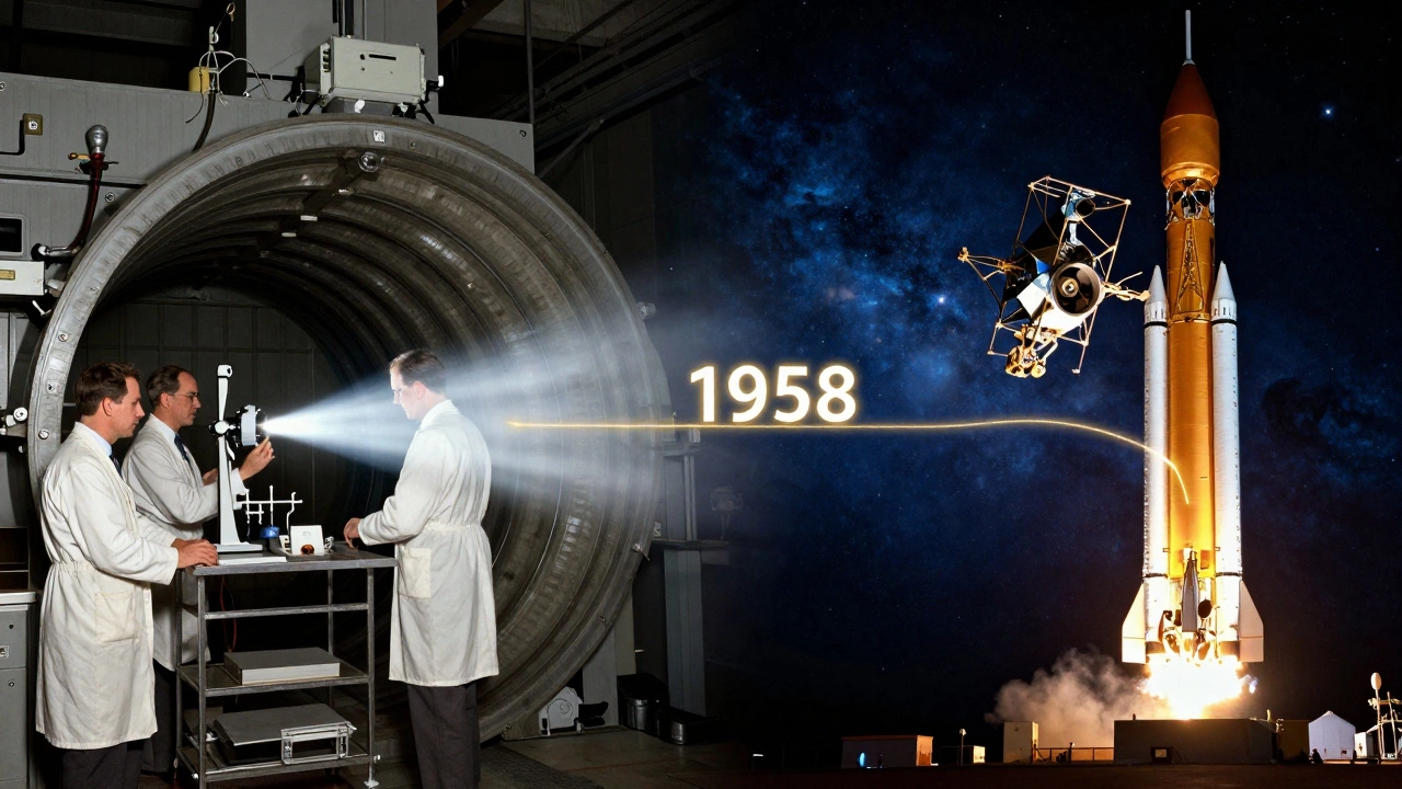 Split image showing NACA's wind tunnel research transforming into modern space launch.