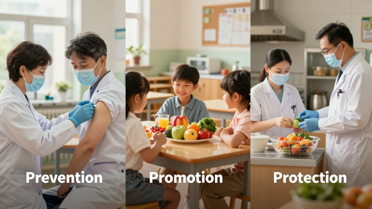 Three interconnected public health scenes: vaccines, healthy school meals, and food safety inspection.