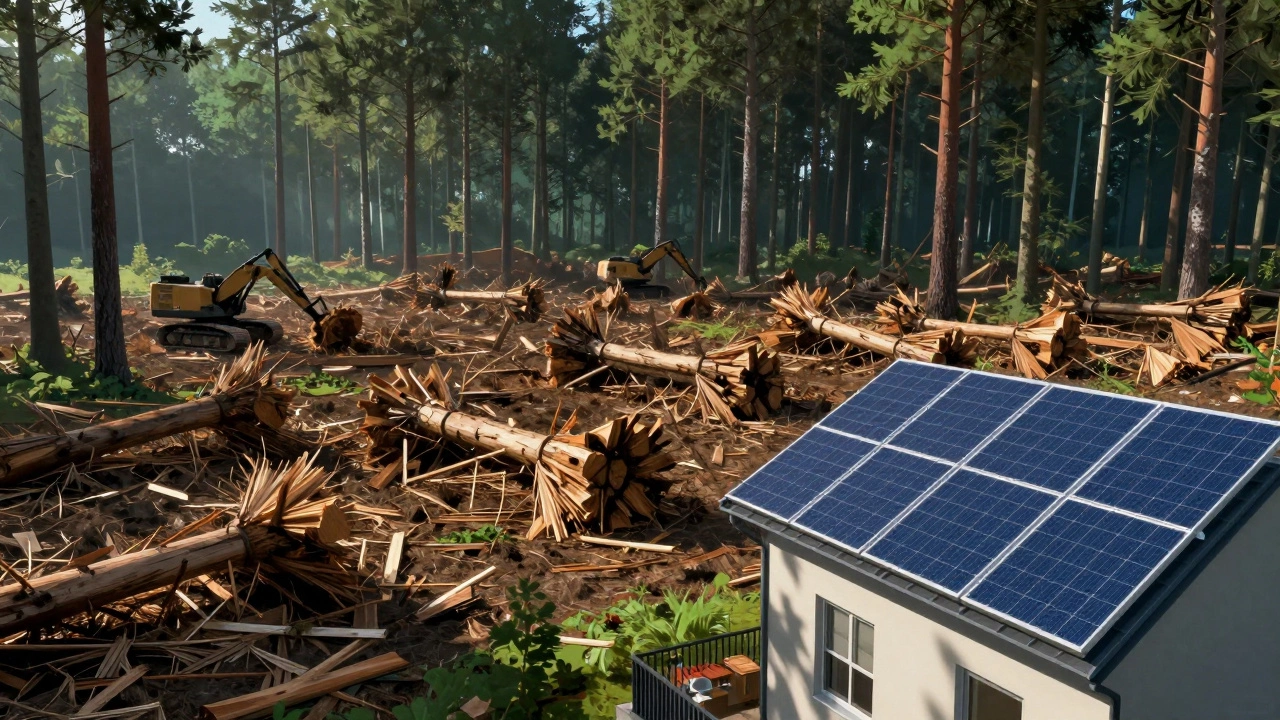 Vast forest being cleared for biomass fuel next to a small solar panel array, highlighting land use comparison.