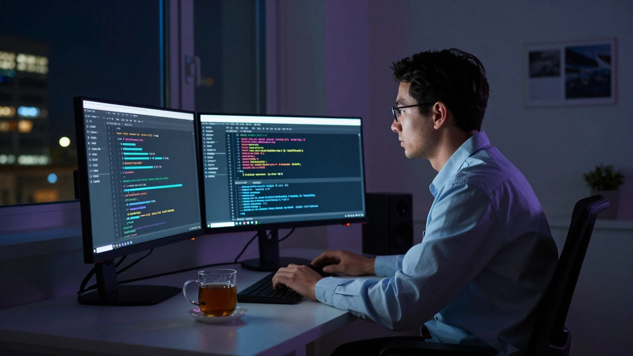 A data scientist working late at night with glowing monitors displaying code and pipeline alerts.