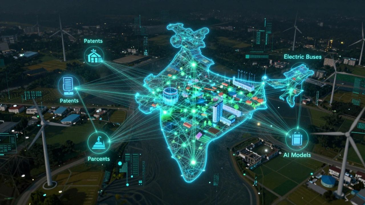 A glowing network connecting universities, factories, and villages across India through innovation pathways.