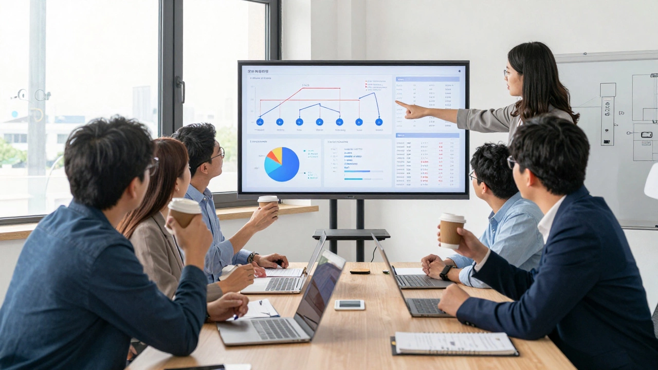 A team of professionals discussing real-world data visualizations in a bright office setting.