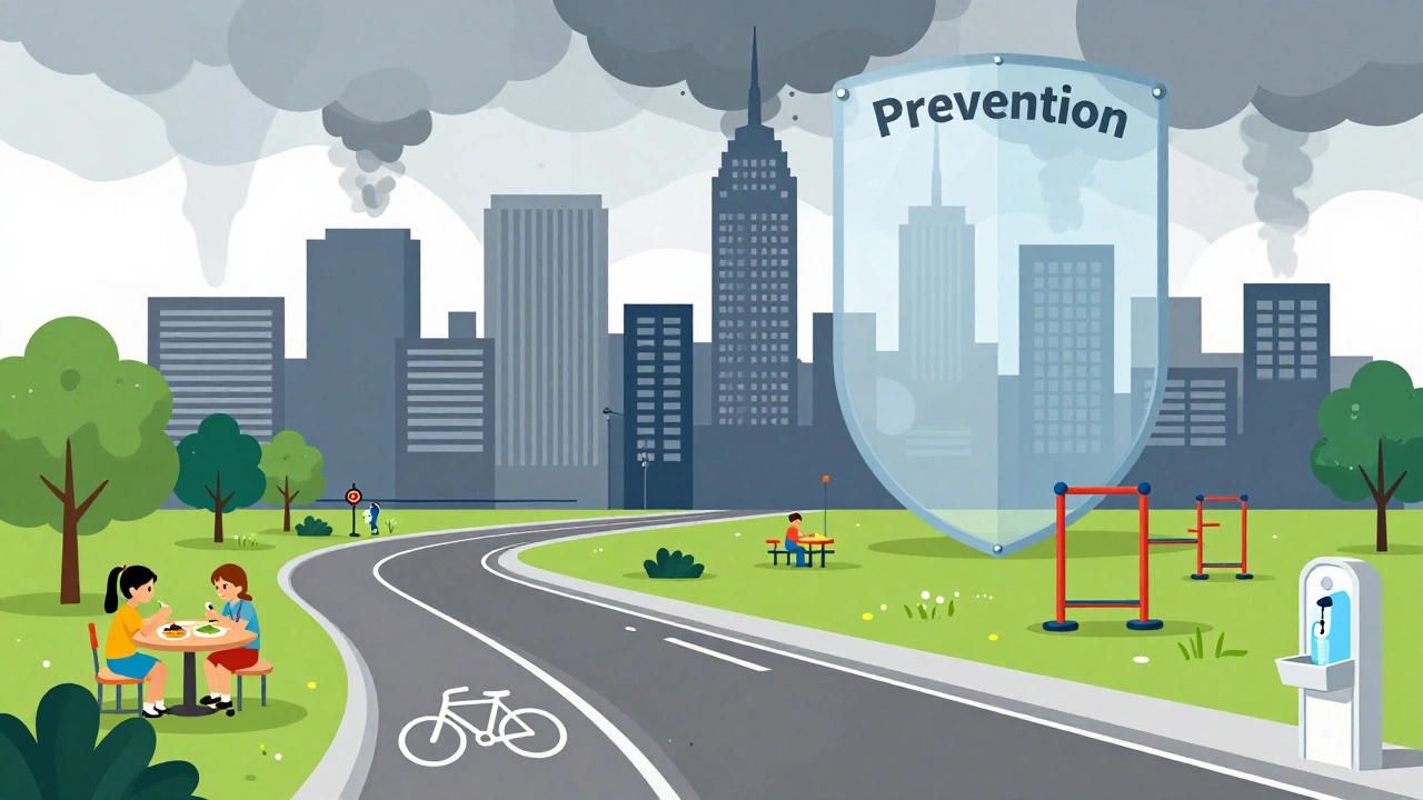 City skyline protected by prevention policies like bike lanes, healthy school meals, and clean water.