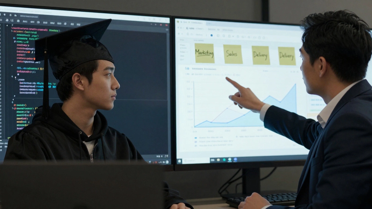 Comparison of a young coder and an experienced professional interpreting business data on a dashboard.