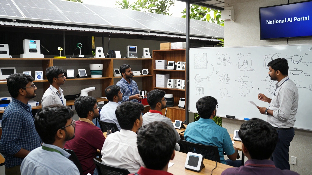Diverse entrepreneurs presenting agritech prototypes in an Indian city incubator with digital screens visible.