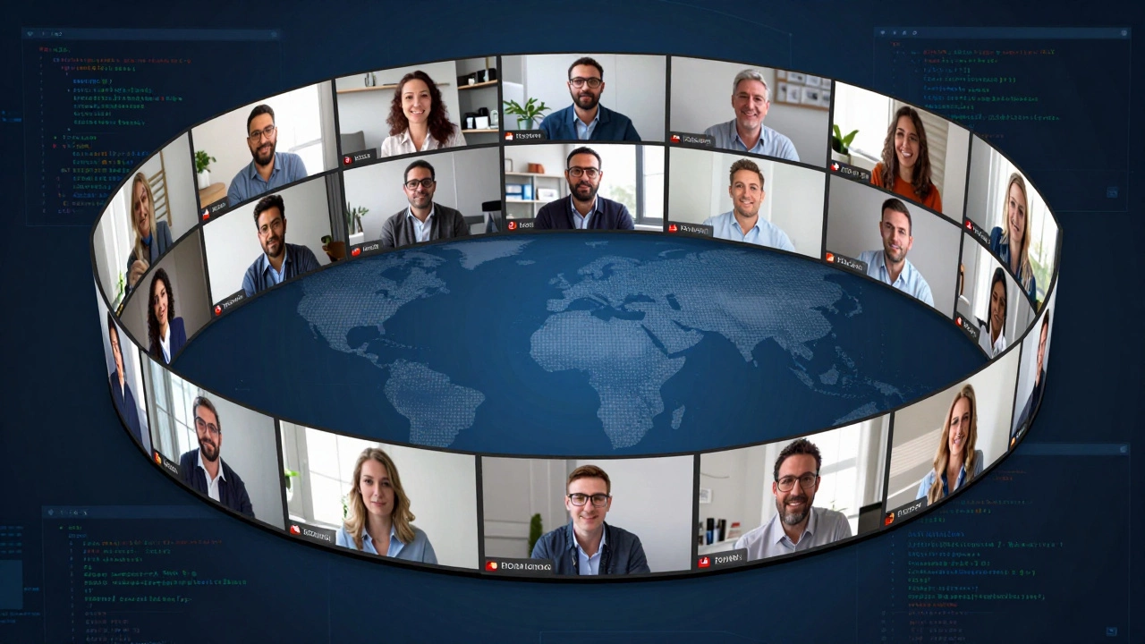 Diverse remote data science team members on a virtual call with dashboards visible in the background.