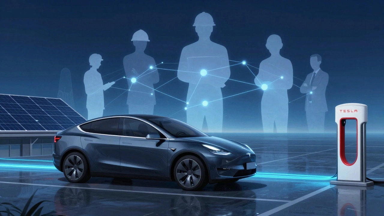 Electric car connected to solar roof and charging station by glowing energy lines in a futuristic landscape.