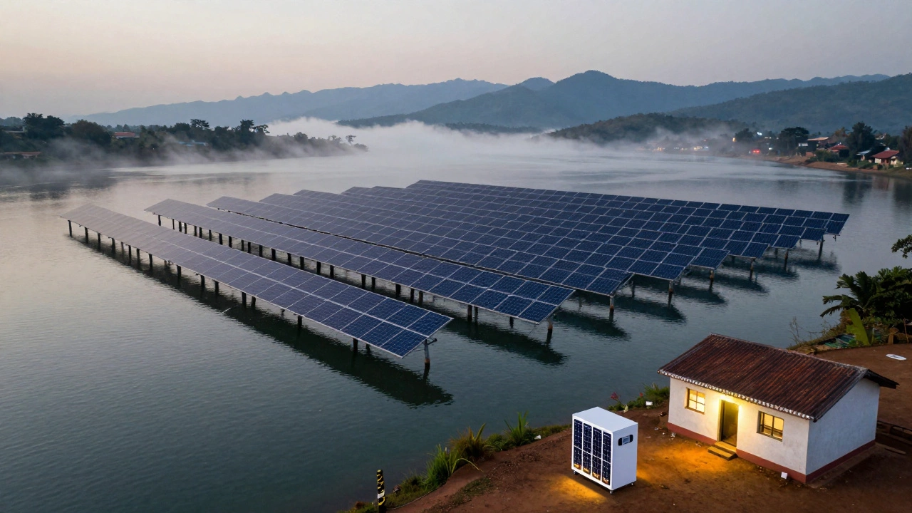 Floating solar farm on water with a distant village clinic lit by solar power at dusk.