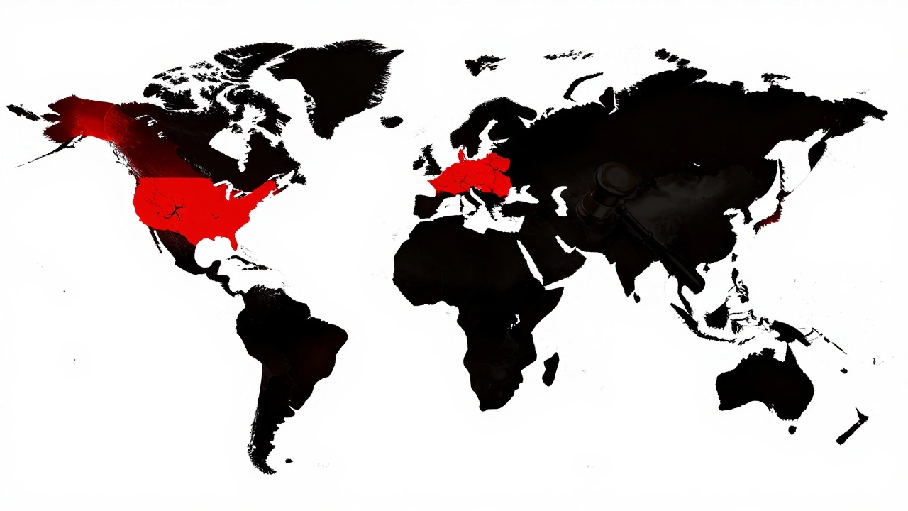 Global map showing biotech hubs in bright red and silent regions in dark, cracked gavel above.