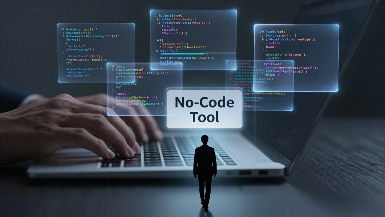 Hand typing code with floating data snippets, shadow figure walking away from no-code tool sign.