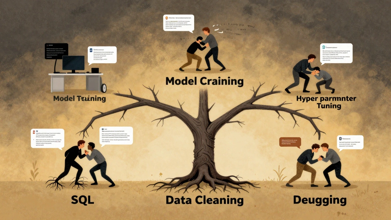Illustrated workflow tree showing data science tasks rooted in Python and SQL with debugging branches.