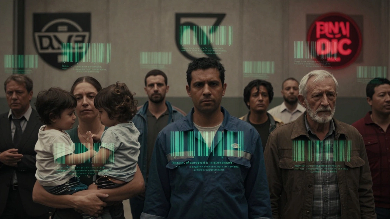 People with floating genetic codes in a city, corporate logos looming in background, symbolizing data exploitation.