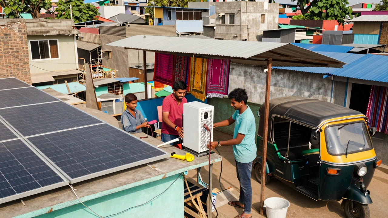 Rooftops in an Indian city covered with solar panels, a family installing panels as a rickshaw charges below.
