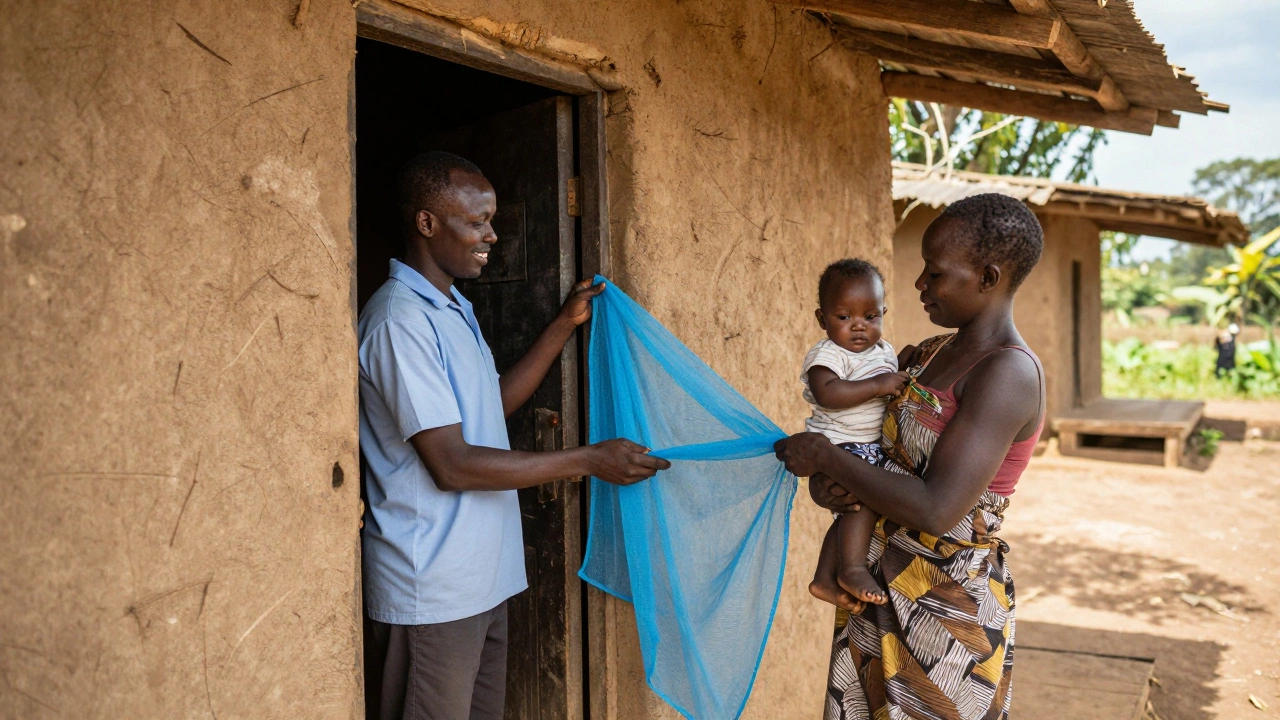 Rwandan health volunteer delivering a malaria net to a mother at her home.