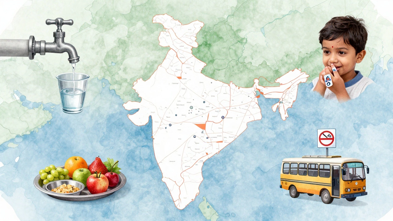 Symbolic elements of public health in India: clean water, vaccines, smoke-free signs, and healthy food