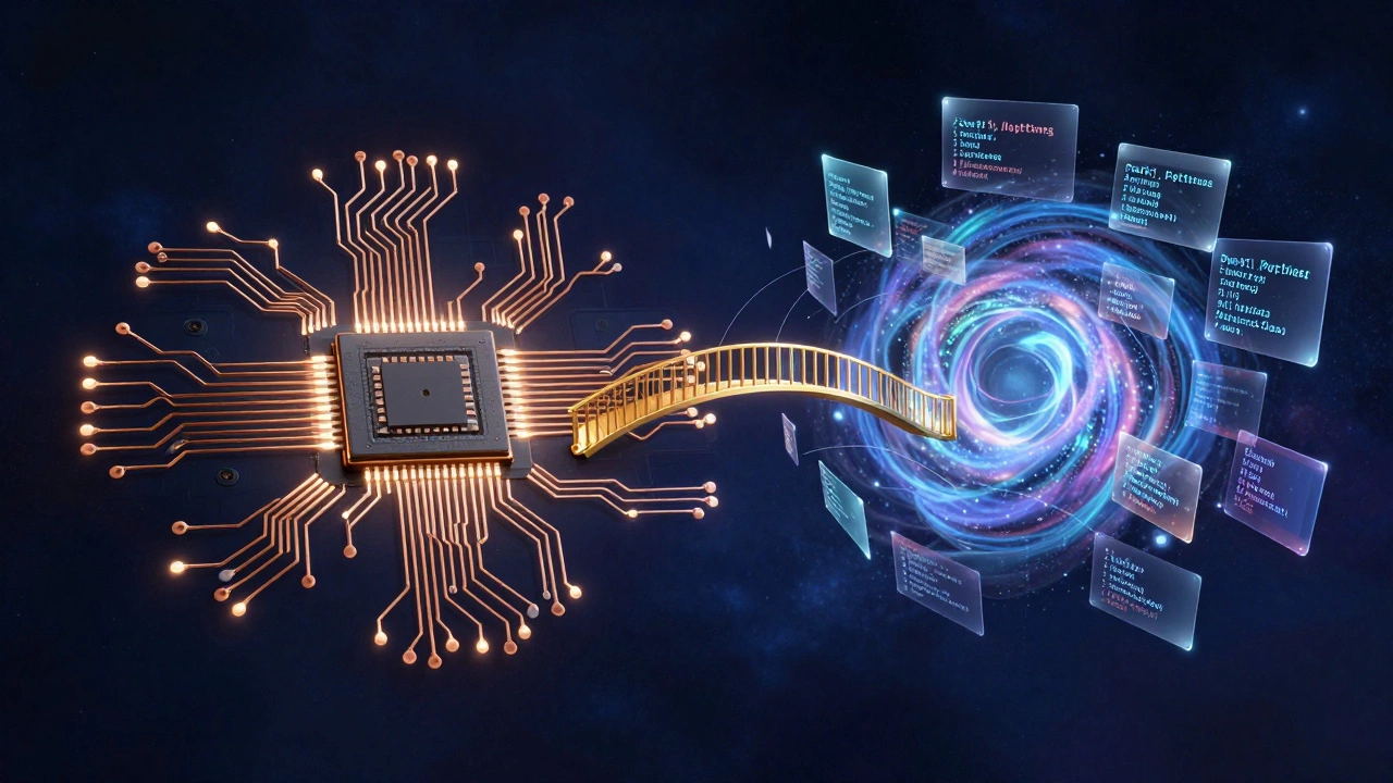 A circuit board merges with floating code fragments, symbolizing the union of hardware and software in technology.