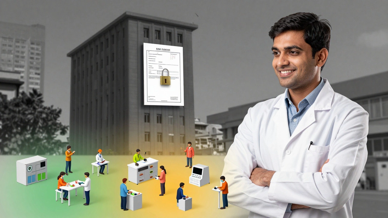 A researcher watches community distribution of medical devices while a corporate tower locks away a patent in shadow.