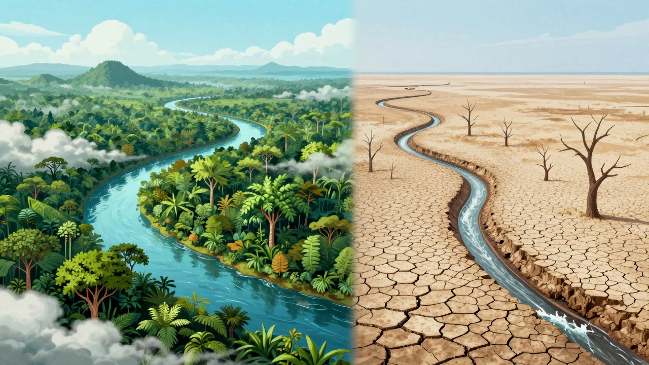 Contrasting images of a thriving Amazon water cycle and a dead Aral Sea region, symbolizing sustainable vs. unsustainable use.