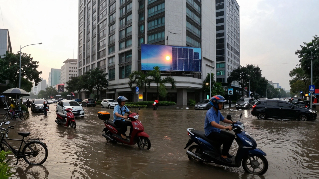 Flooded streets in Jakarta with homes partially submerged and vehicles stranded in murky water.