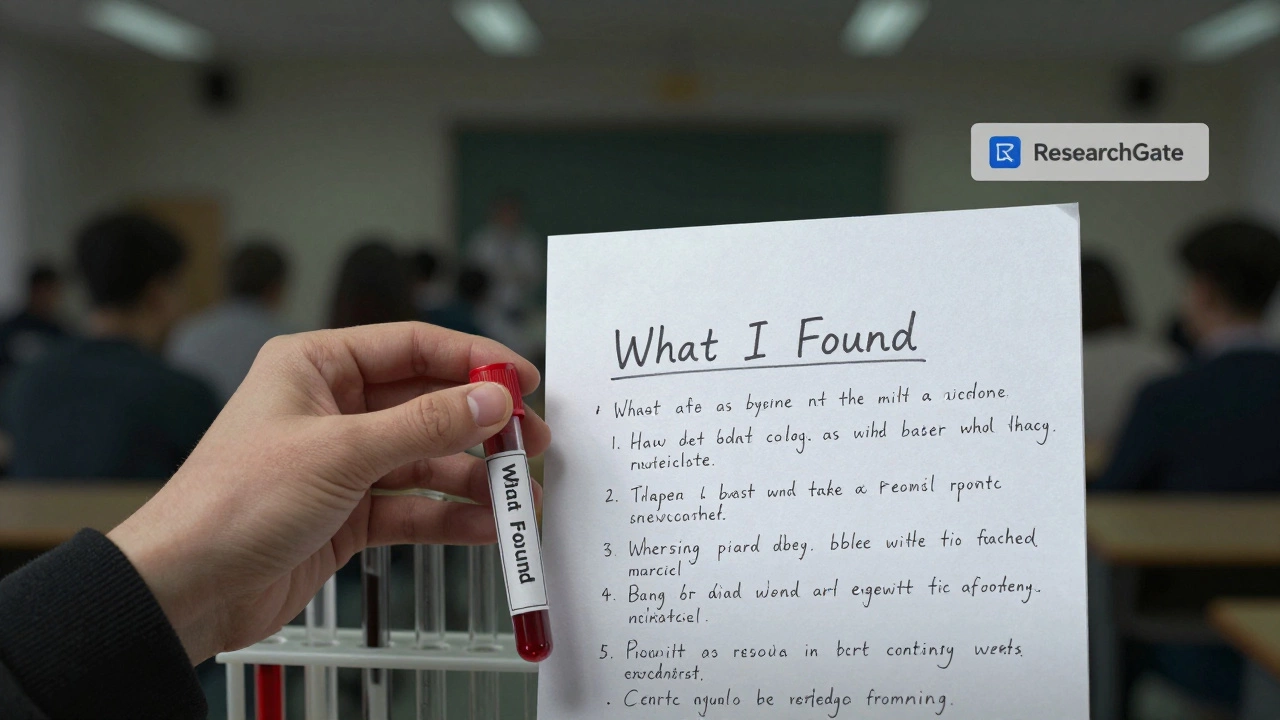 Hand placing a labeled test tube next to a one-page research summary in a quiet lab setting.