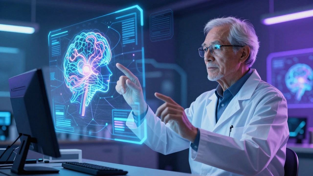 Senior data scientist interacting with holographic AI models in a high-tech lab.