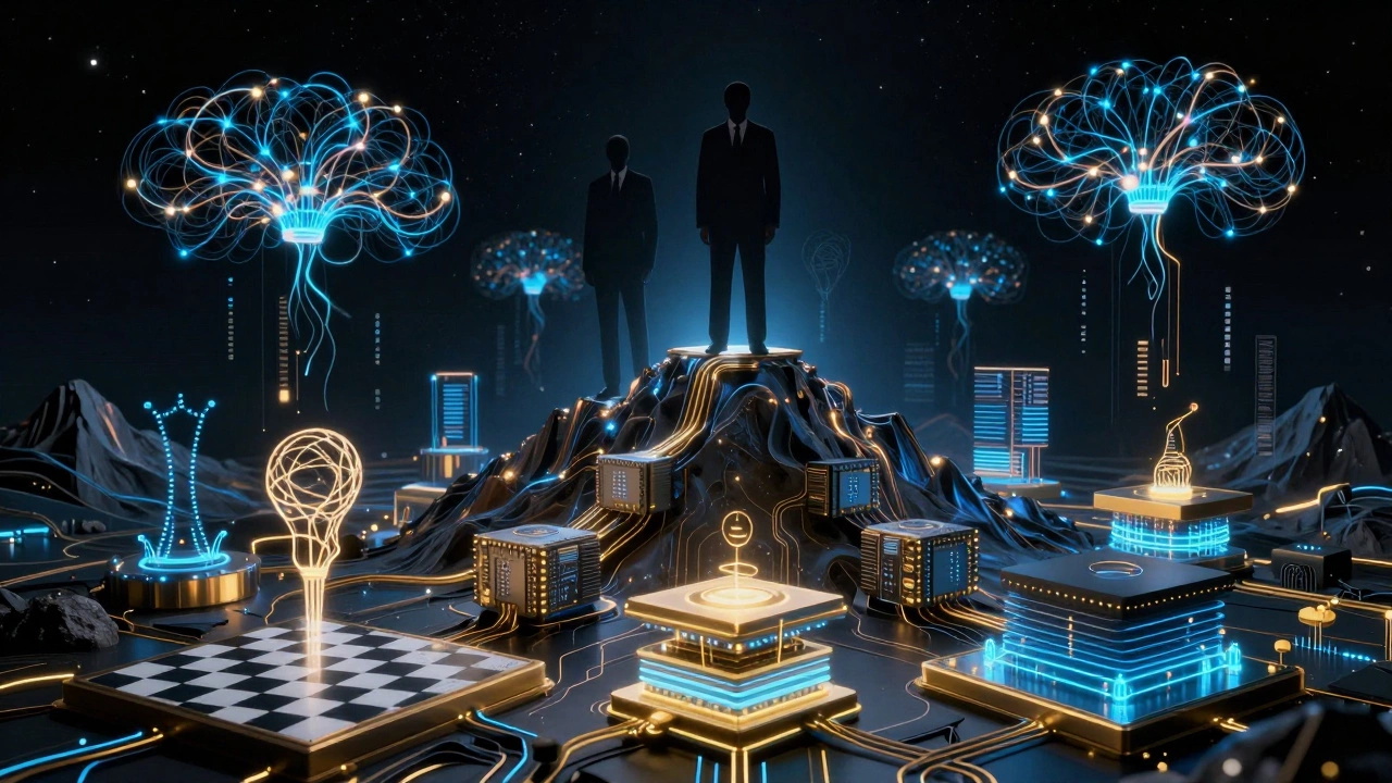 Silhouettes of AI pioneers atop a mountain of neural networks and data streams under glowing skies.