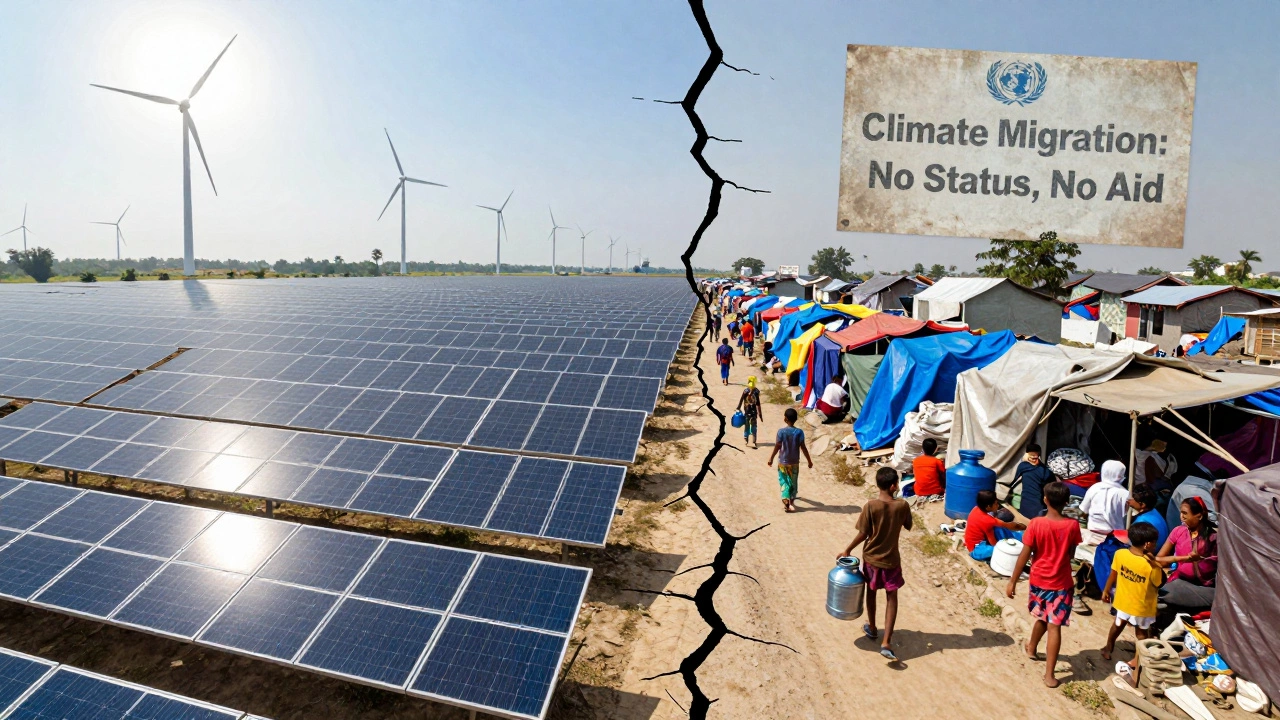 Solar farms in India contrast with overcrowded migrant settlements in Dhaka, showing climate adaptation disparity.