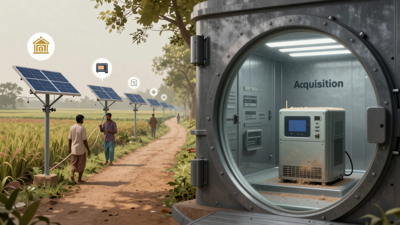 Two paths diverge: one leads to farmers using solar irrigation tech, the other to a sealed corporate vault with a forgotten device.