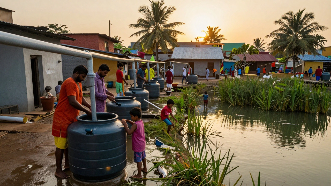 Villagers collecting rainwater from rooftops near a restored pond at sunset in rural India.