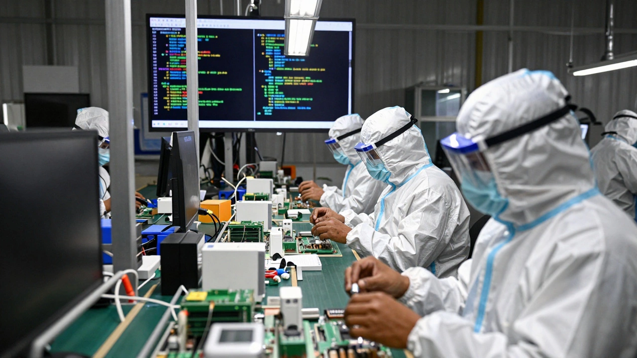 Workers assemble smart thermostats on a factory line while software code uploads to devices in the background.