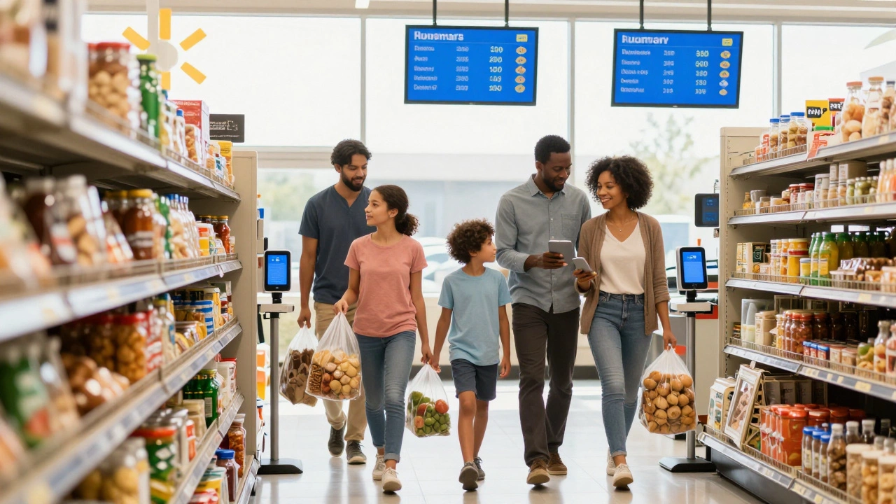 A family walks out of a Walmart store without scanning, carrying groceries as AI tracks their purchase.