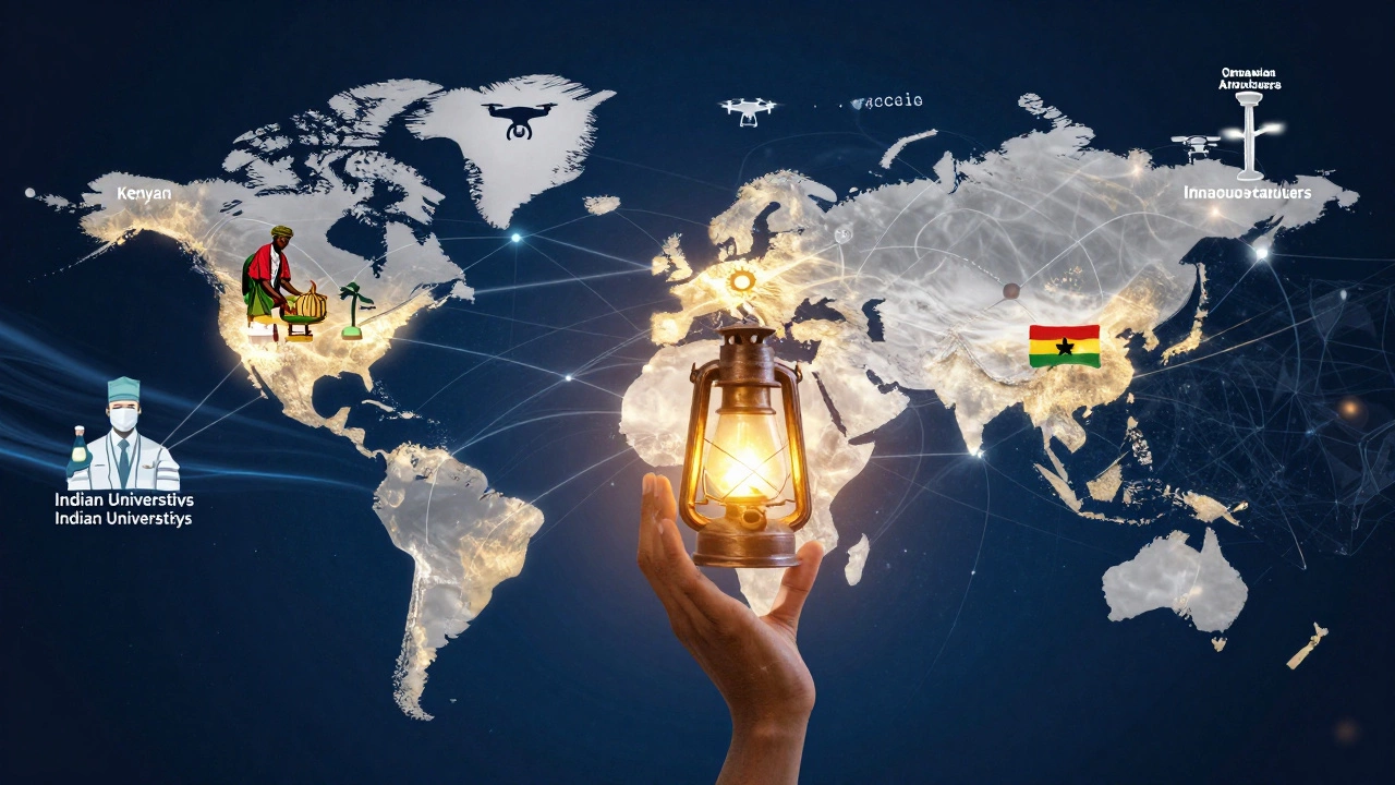 A global network of innovators connected by glowing streams of knowledge, symbolizing equitable tech transfer.