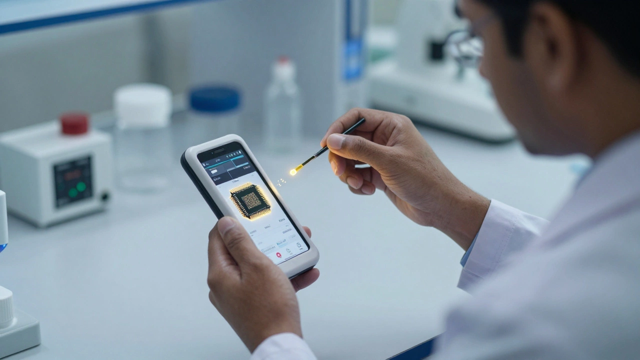 A handheld nanotech device analyzing blood on a microchip, with glowing nanoparticles and a doctor observing results on a smartphone.