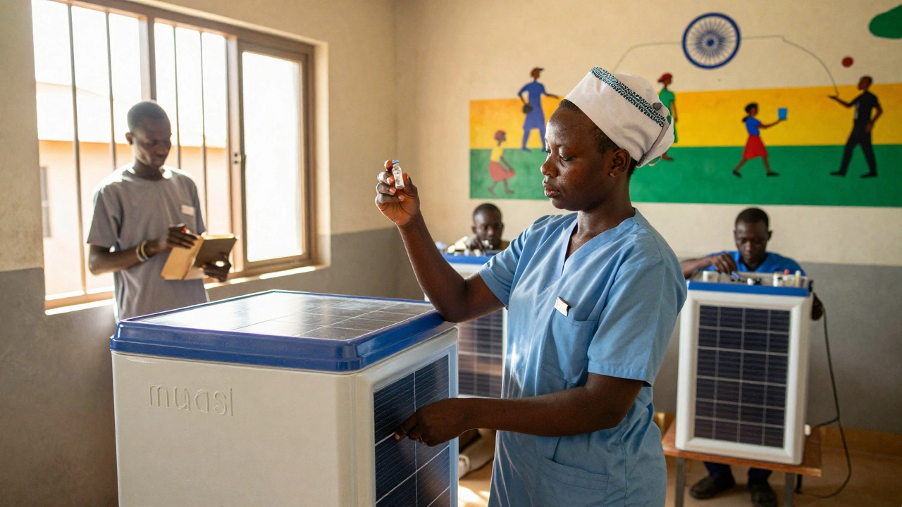 A nurse in an African clinic using a solar-powered fridge for vaccines, with local technicians nearby.