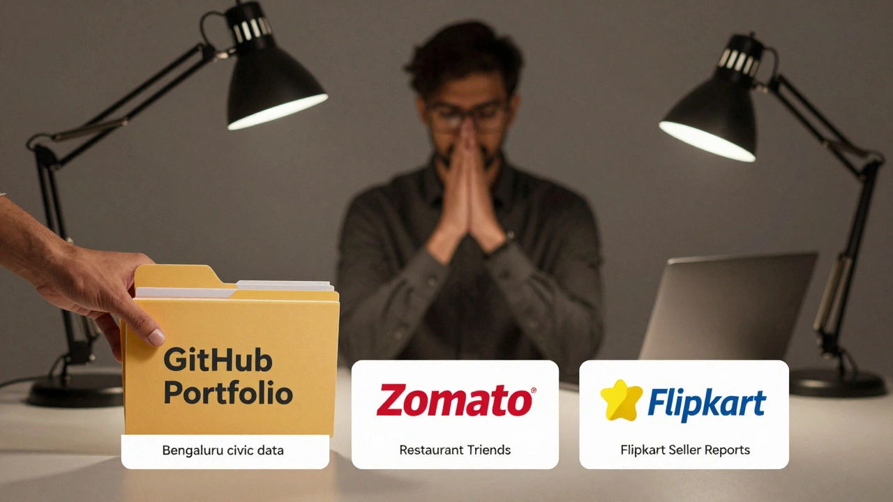 A portfolio folder placed beside real datasets, with a shadowy figure acknowledging its value in a dimly lit room.